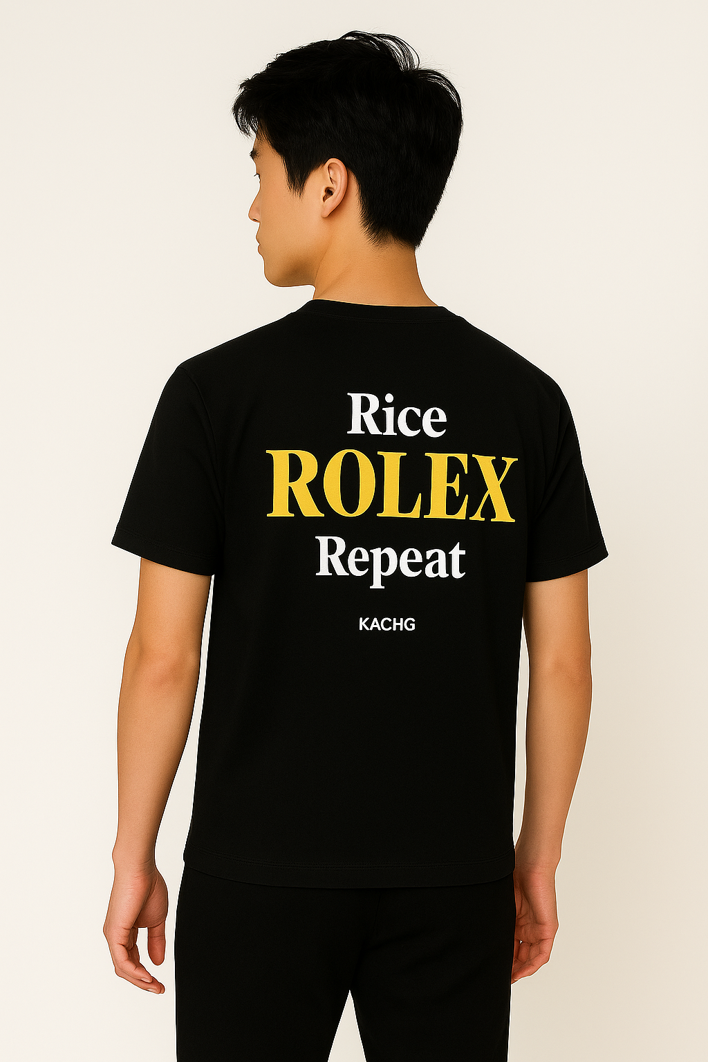 rice rolex repeat t-shirt in black luxury asian hustle streetwear back print