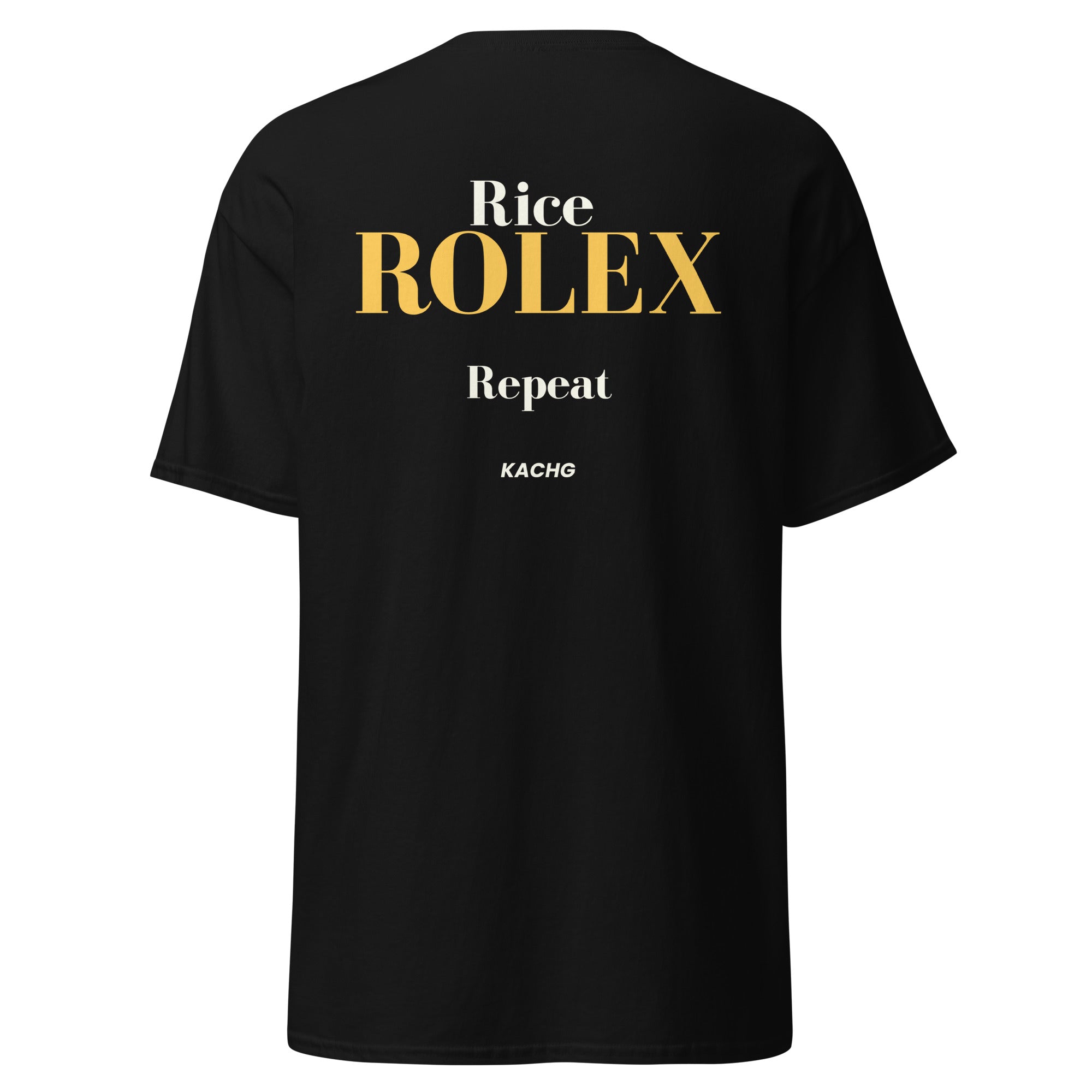 rice rolex repeat t-shirt in black luxury asian hustle streetwear back print